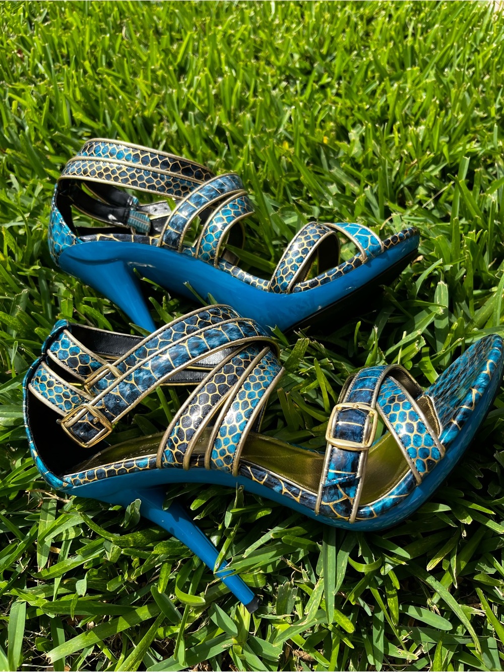 Michael Antonio Blue Snake-Print Strappy Heels with Gold Trim